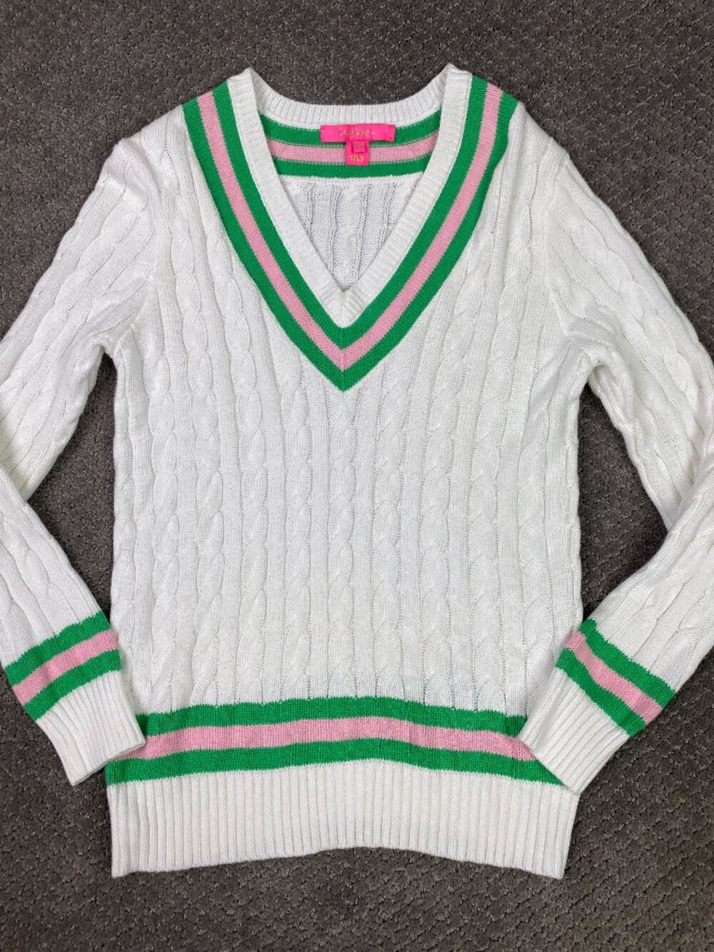 Lilly Pulitzer Cable Knit Cricket Sweater Womens XS White Green Preppy Tennis